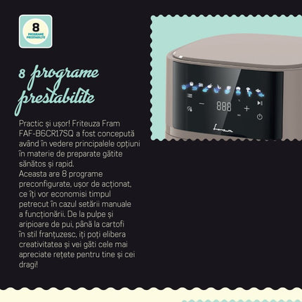 Friteuza cu aer cald Fram FAF-B6CR17SQ, 5.7 L, 1700 W, display digital, 8 programe, crem - imagine 7