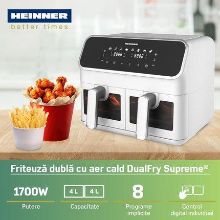 Friteuza dubla cu aer cald Heinner DualFry Supreme HAF-H8DB17WH, 8 L (2 x 4 L), ferestre, Sync & Match, alb - imagine 4