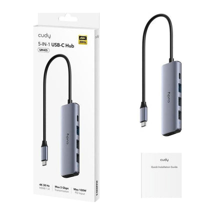 Hub USB-C 5 in 1 Cudy UH405, HDMI 4K, USB-C PD 100 W, 1x USB 3.0 + 2x USB 2.0, aluminiu