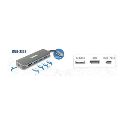 Hub USB-C 5 in 1 D-Link DUB-2333, HDMI 4K, 3x USB 3.0, Power Delivery 60 W, gri - imagine 4