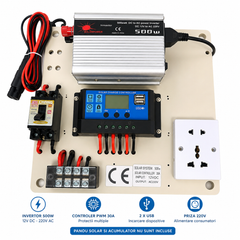 Mini kit fotovoltaic 500W cu invertor 12V-220V, controler PWM 30A și afișaj LCD