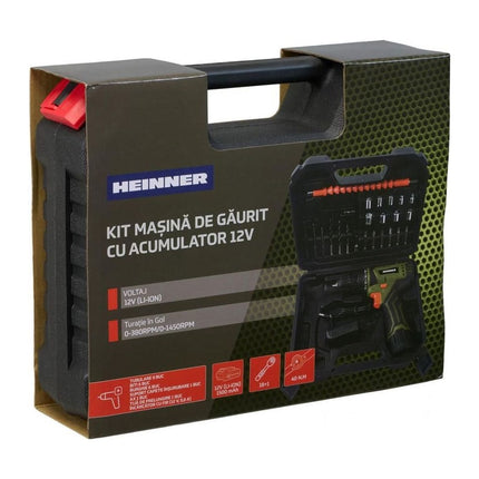 Kit masina de gaurit si insurubat cu acumulator Heinner STE113, 12 V Li-Ion, 40 Nm, 2 viteze, cu 24 accesorii