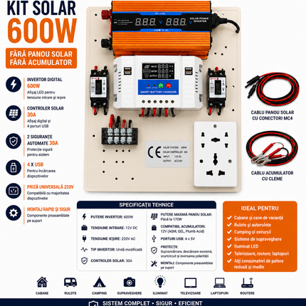 Mini kit fotovoltaic 600W cu invertor 12V-220V, controler PWM 30A și cabluri - imagine 2