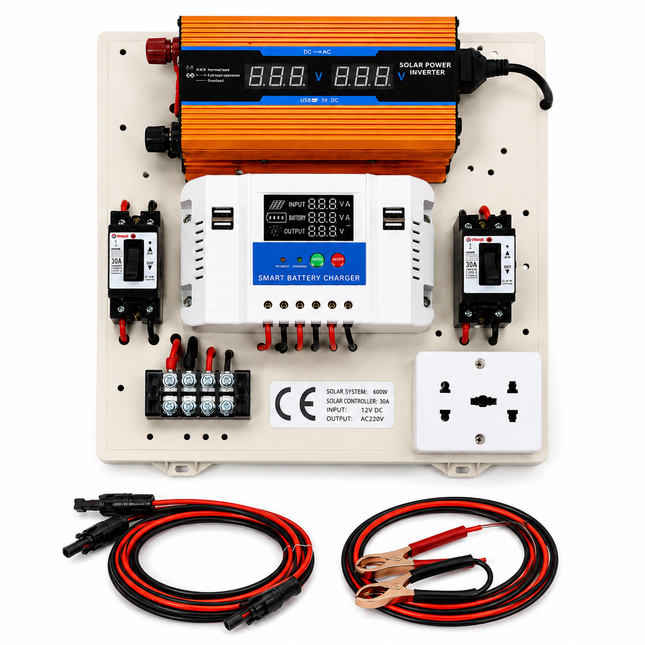 Mini kit fotovoltaic 600W cu invertor 12V-220V, controler PWM 30A și cabluri