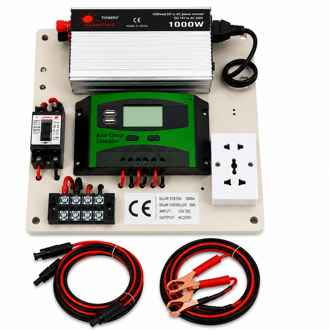 Mini kit fotovoltaic 1500W cu invertor undă modificată, controler PWM 30A și cabluri