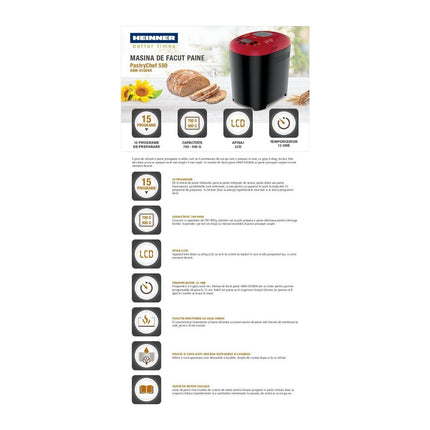 Masina de paine Heinner HBM-915BKR, 15 programe, 700-900 g, timer 13 h, 550 W - imagine 5