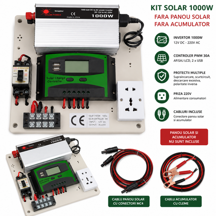 Mini kit fotovoltaic 1000W cu invertor 12V-220V, controler PWM 30A și cabluri - imagine 3