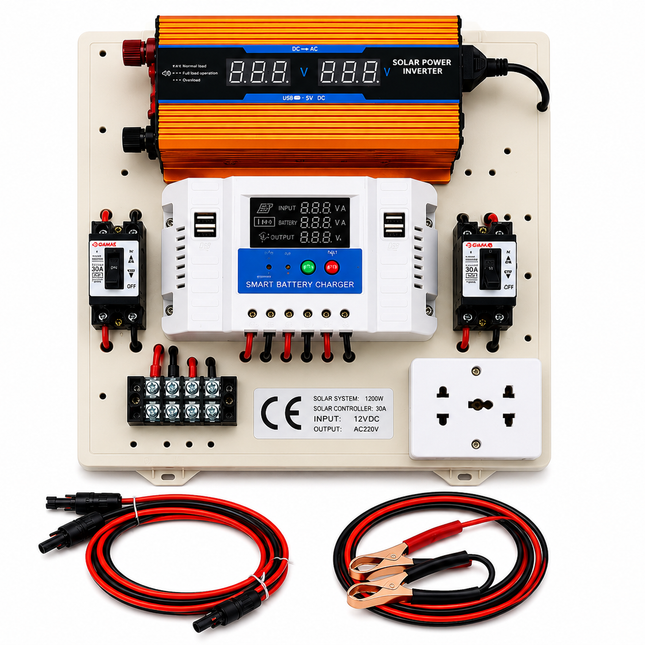Mini kit fotovoltaic 1200W cu invertor sinus modificat, controler PWM 30A și cabluri