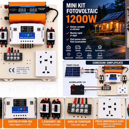 Mini kit fotovoltaic 1200W cu invertor sinus modificat, controler PWM 30A și cabluri - imagine 2