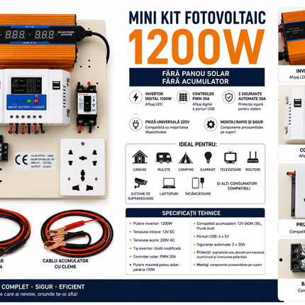 Mini kit fotovoltaic 1200W cu invertor sinus modificat, controler PWM 30A și cabluri - imagine 3