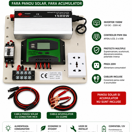 Mini kit fotovoltaic 1500W cu invertor undă modificată, controler PWM 30A și cabluri - imagine 2