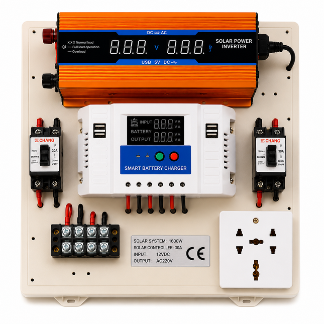Mini kit fotovoltaic 1600W cu invertor, controler PWM 30A, siguranțe și cabluri