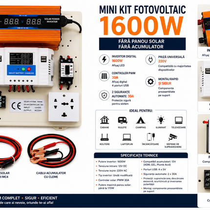 Mini kit fotovoltaic 1600W cu invertor, controler PWM 30A, siguranțe și cabluri - imagine 2
