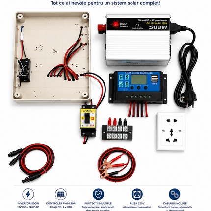 Mini kit fotovoltaic 500W cu invertor 12V-220V, controler PWM 30A și afișaj LCD - imagine 2