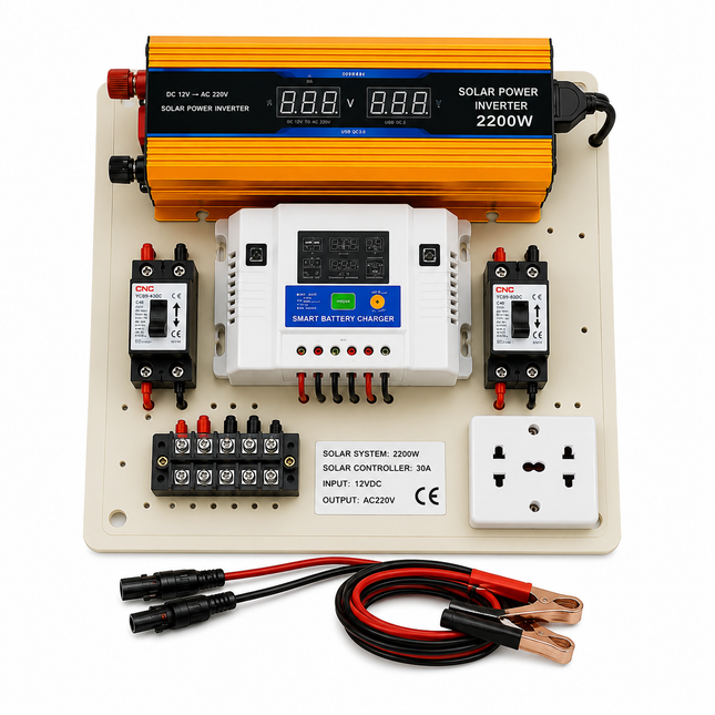 Mini kit fotovoltaic 2200W cu invertor, controler PWM 30A și cabluri de conectare