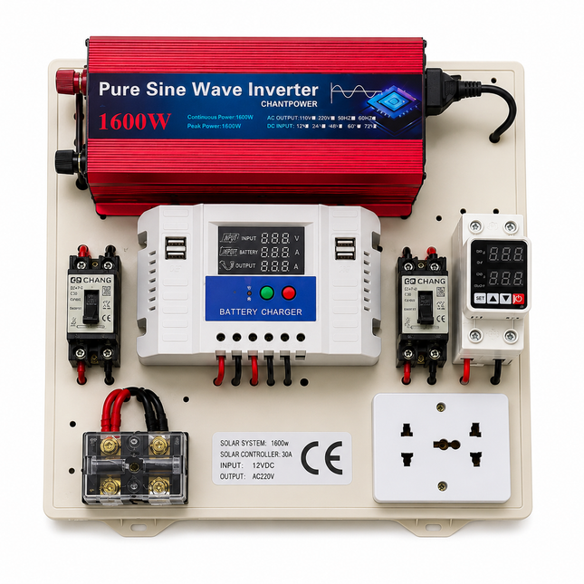 Mini kit fotovoltaic 1600W cu invertor sinus pur, controler PWM 30A și cabluri