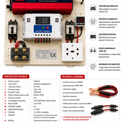 Mini kit fotovoltaic 2000W cu invertor sinus pur, controler PWM 30A și cabluri - imagine 2