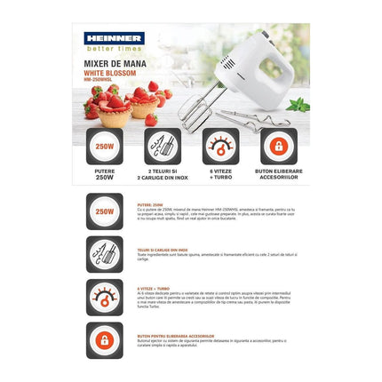 Mixer de mana Heinner HM-250WHSL, 250 W, 6 viteze + turbo, teluri si carlige inox - imagine 4