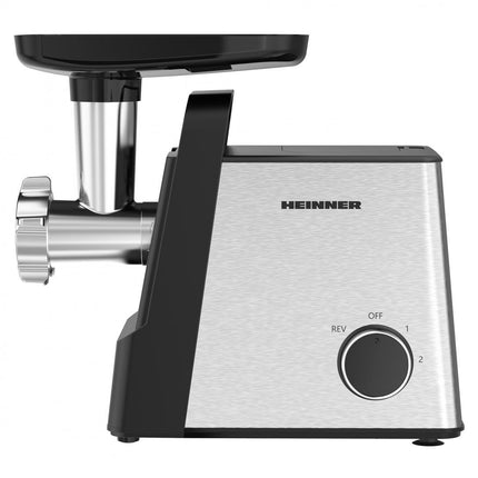 Masina de tocat Heinner MeatMaster HMG-2100SS3, 2100 W, 1,8 kg/min, 3 site metalice, 2 viteze, accesorii rosii, kibbe si carnati, Negru/Inox