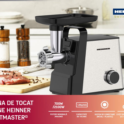 Masina de tocat Heinner MeatMaster HMG-2100SS3, 2100 W, 1,8 kg/min, 3 site metalice, 2 viteze, accesorii rosii, kibbe si carnati, Negru/Inox