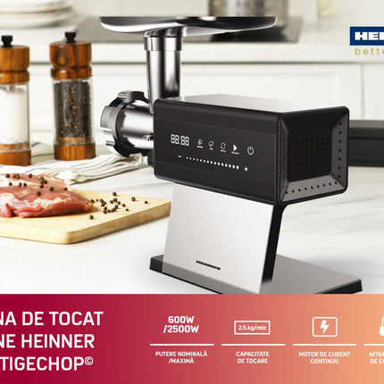 Masina de tocat Heinner PrestigeChop HMG-DTSS2500, 2500 W, motor DC, control Touch, angrenaj planetar, 2,5 kg/min, viteza variabila, Inox