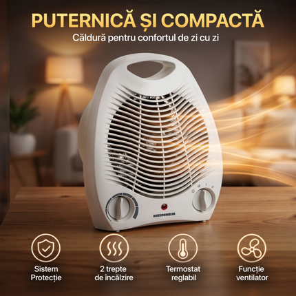Aeroterma Heinner HFH-L2000WH, 2000 W, 2 trepte de putere, termostat reglabil, protectie la supraincalzire si rasturnare, Alb
