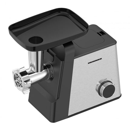 Masina de tocat Heinner MeatMaster HMG-2100SS3, 2100 W, 1,8 kg/min, 3 site metalice, 2 viteze, accesorii rosii, kibbe si carnati, Negru/Inox