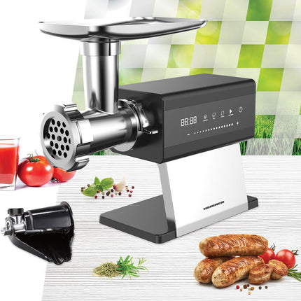 Masina de tocat Heinner PrestigeChop HMG-DTSS2500, 2500 W, motor DC, control Touch, angrenaj planetar, 2,5 kg/min, viteza variabila, Inox