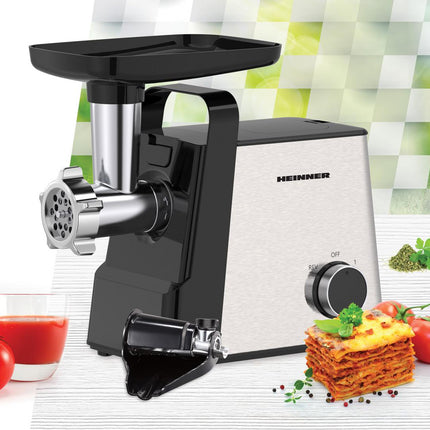 Masina de tocat Heinner MeatMaster HMG-2100SS3, 2100 W, 1,8 kg/min, 3 site metalice, 2 viteze, accesorii rosii, kibbe si carnati, Negru/Inox