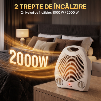Aeroterma Heinner HFH-L2000WH, 2000 W, 2 trepte de putere, termostat reglabil, protectie la supraincalzire si rasturnare, Alb