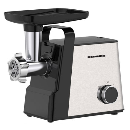 Masina de tocat Heinner MeatMaster HMG-2100SS3, 2100 W, 1,8 kg/min, 3 site metalice, 2 viteze, accesorii rosii, kibbe si carnati, Negru/Inox