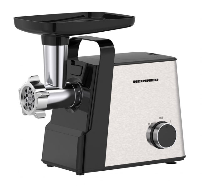 Masina de tocat Heinner MeatMaster HMG-2100SS3, 2100 W, 1,8 kg/min, 3 site metalice, 2 viteze, accesorii rosii, kibbe si carnati, Negru/Inox