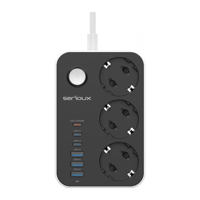 Prelungitor cu protectie Serioux SRXP-PS36B, 3 prize Schuko + 6 porturi USB (3x USB-C, 3x USB-A), 1.6 m