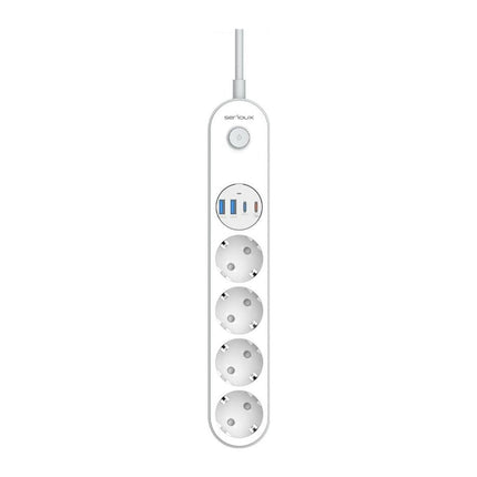 Prelungitor cu protectie Serioux SRXP-PS44W, 4 prize Schuko + 4 porturi USB (2x USB-C, 2x USB-A), 2 m, alb