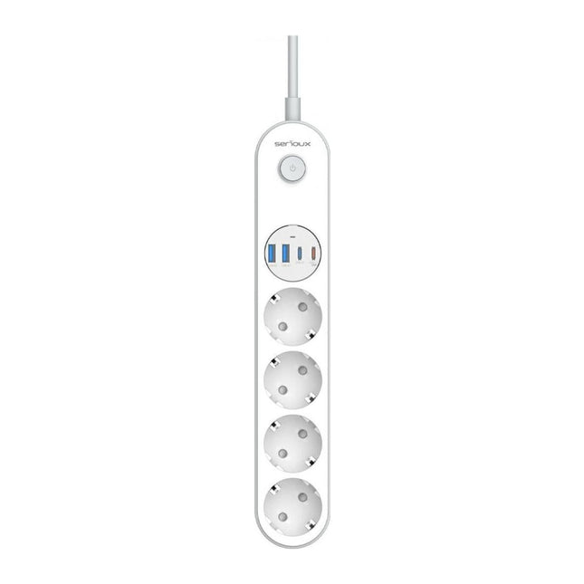 Prelungitor cu protectie Serioux SRXP-PS44W, 4 prize Schuko + 4 porturi USB (2x USB-C, 2x USB-A), 2 m, alb