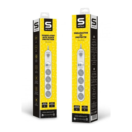 Prelungitor cu protectie Serioux SRXP-PS44W, 4 prize Schuko + 4 porturi USB (2x USB-C, 2x USB-A), 2 m, alb - imagine 6