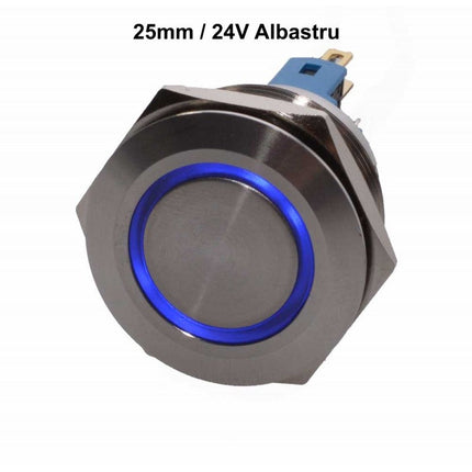 Buton metalic push led albastru 25mm 24V