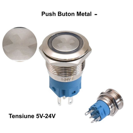 Buton metalic push led albastru 19mm 24V