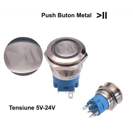 Buton metalic push led albastru 19mm 24V