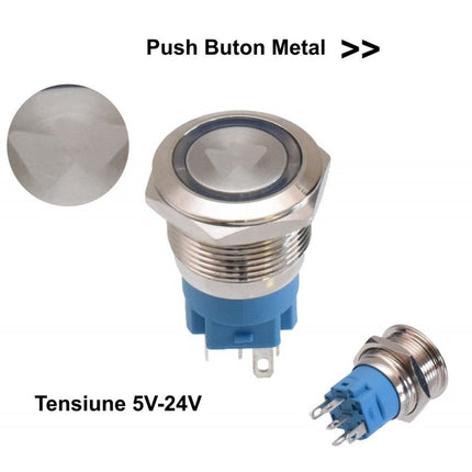 Buton metalic push led albastru 19mm 24V