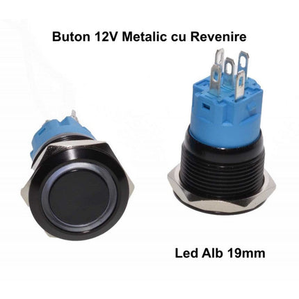 Buton push revenire negru led alb 19mm 12v