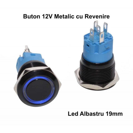 Buton push revenire negru led albastru 19mm 12v