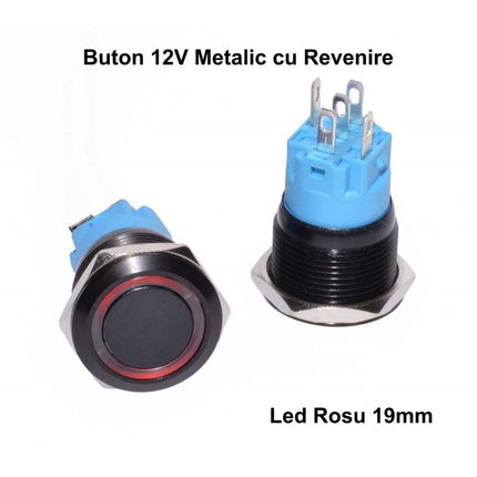 Buton push revenire negru led rosu 19mm 12v