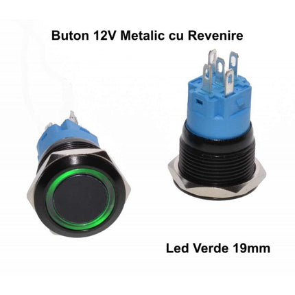 Buton push revenire negru led verde 19mm 12v