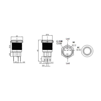 Buton push revenire negru led verde 19mm 12v
