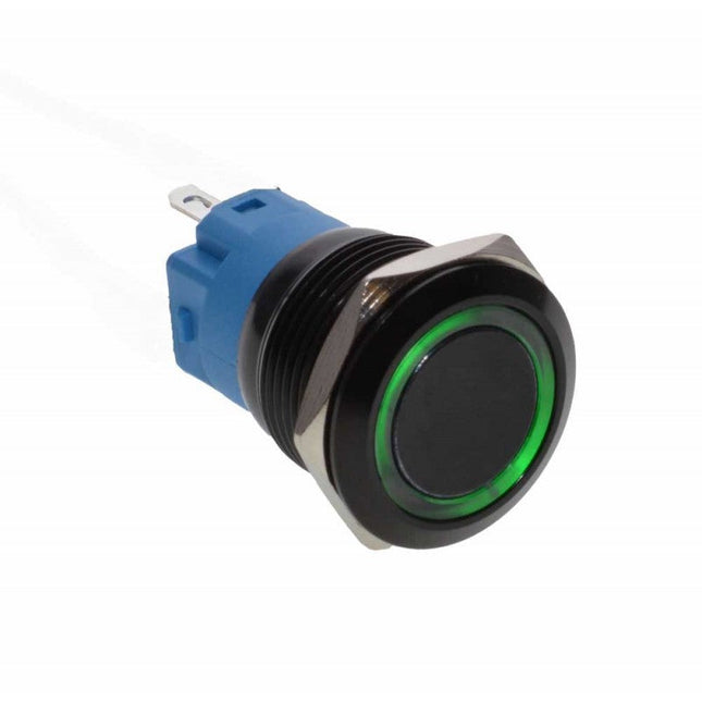 Buton push revenire negru led verde 19mm 12v