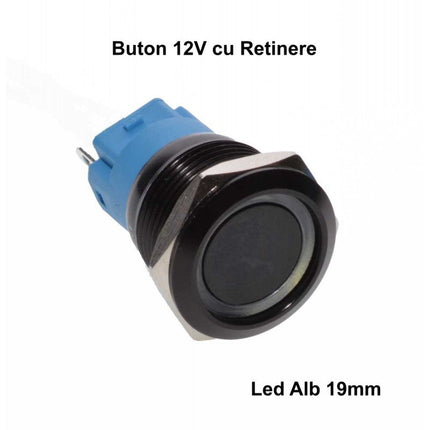 Buton push retinere negru led alb 19mm 12v