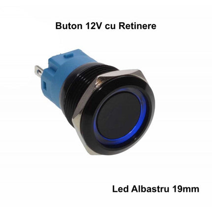 Buton push retinere negru led albastru 19mm 12v