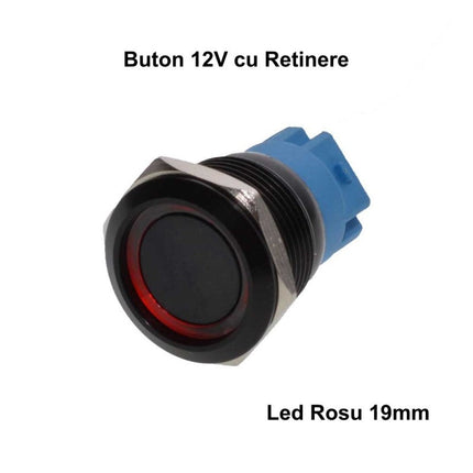 Buton push retinere negru led rosu 19mm 12v