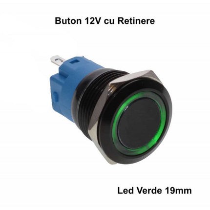 Buton push retinere negru led verde 19mm 12v